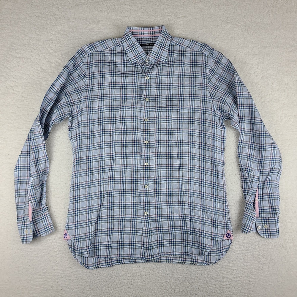 Hammer Made Dress Shirt Mens 16.5 / 42 Blue Plaid 100% Linen‎ Button Up